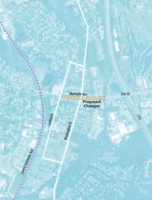 Map showing the Montvale Avenue project from Central Street to Washington Street in Woburn.
